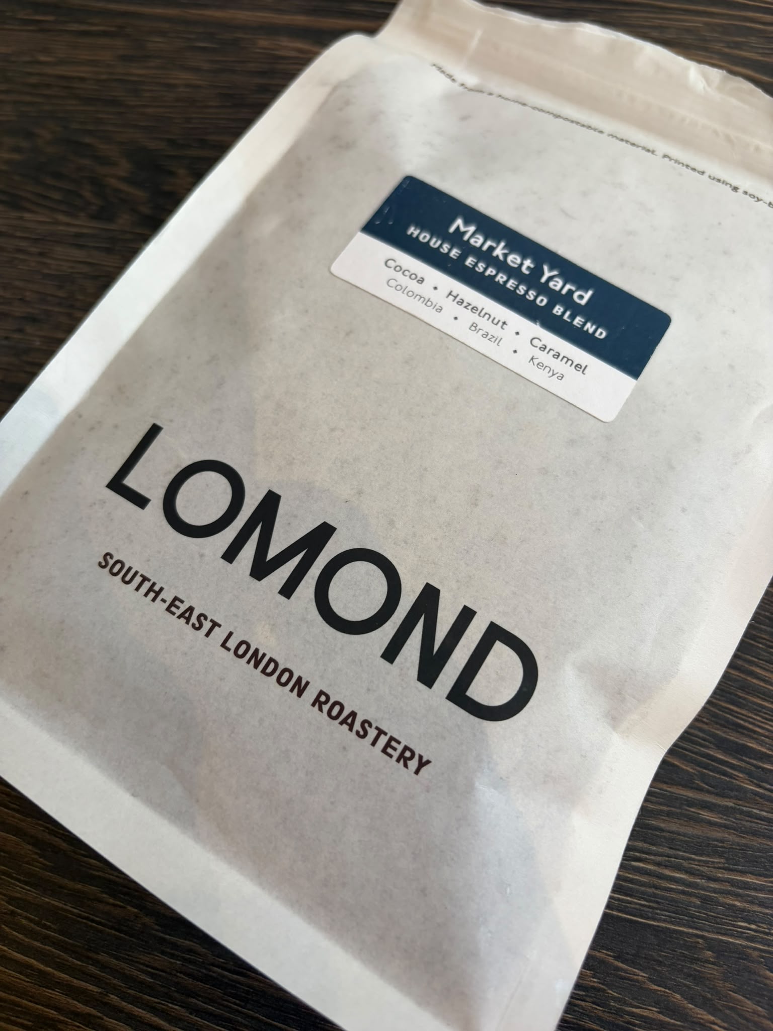 Close view of a Lomond Coffee Market Yard house espresso blend bag