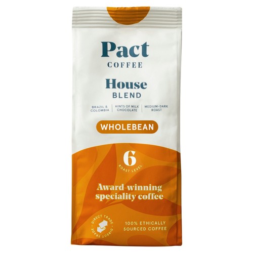 White and orange bag of Pact Coffee House Blend whole-bean coffee