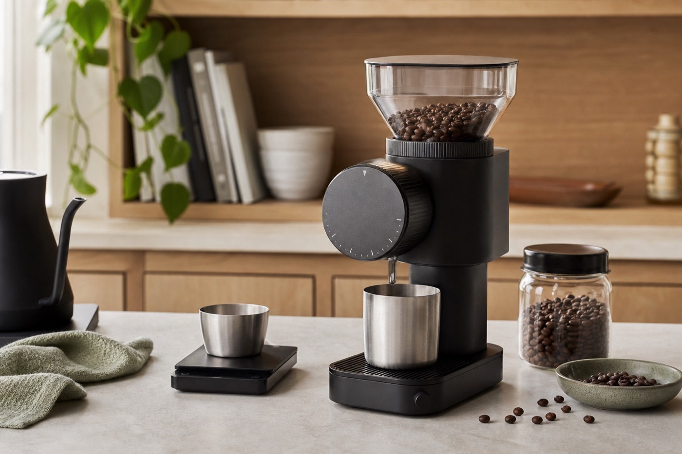 Unbranded home burr coffee grinder with dosing cup, scales and coffee beans