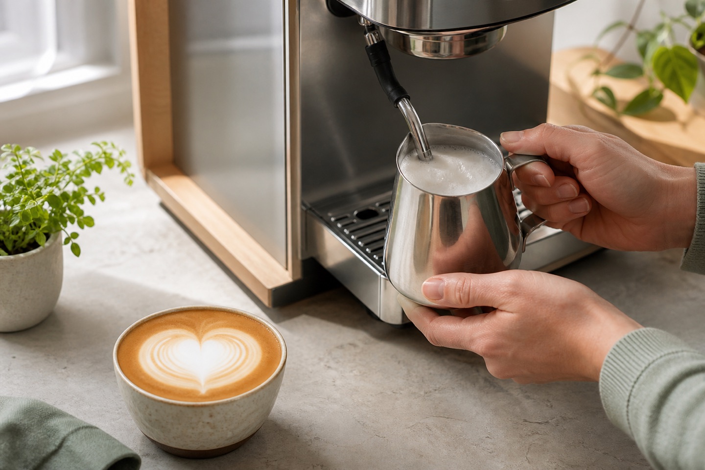 Stainless milk pitcher beside a home espresso machine and a cup with realistic heart latte art