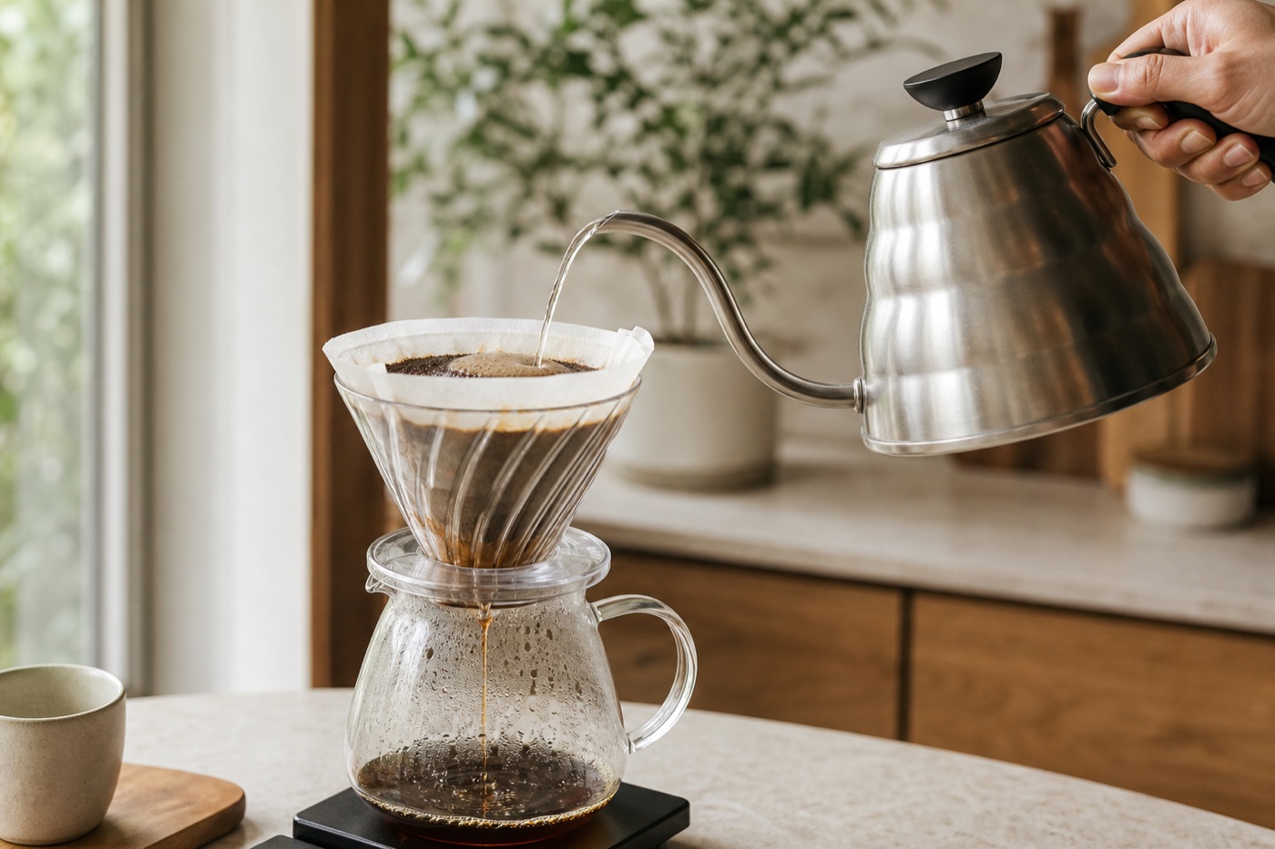 Fresh filter coffee brewing beside whole coffee beans