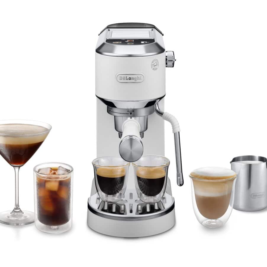 De’Longhi Dedica Duo EC890 in white with hot and iced coffee drinks