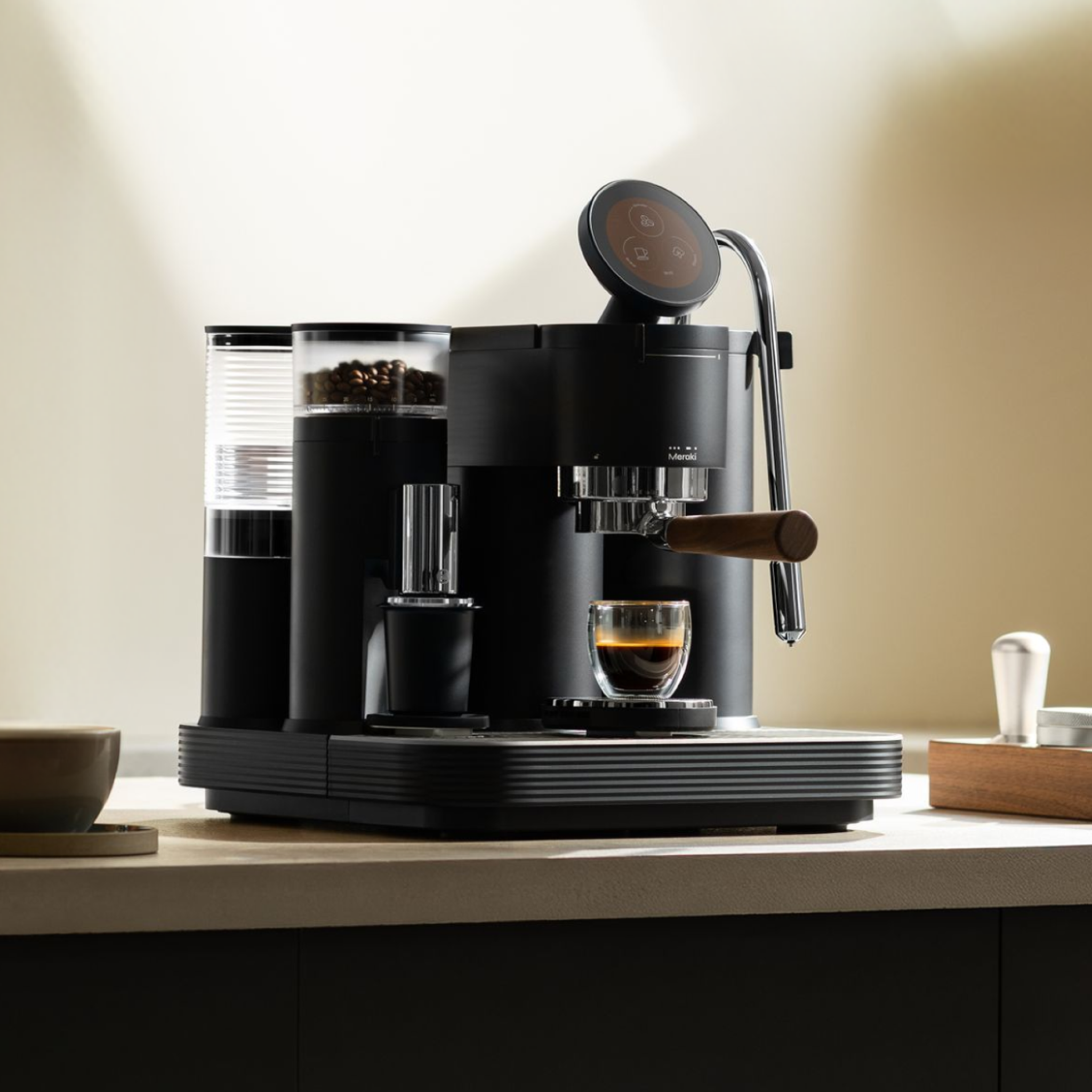 Meraki dual-boiler home espresso machine with built-in grinder